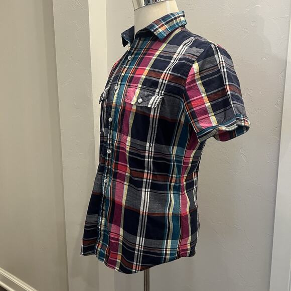 Express Men’s Plaid Short Sleeve Button Up Shirt Size Medium Blue Pink (A0128) - Picture 2 of 5